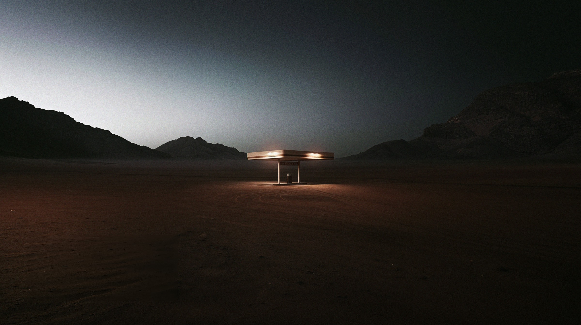 An illuminated station in the mountains